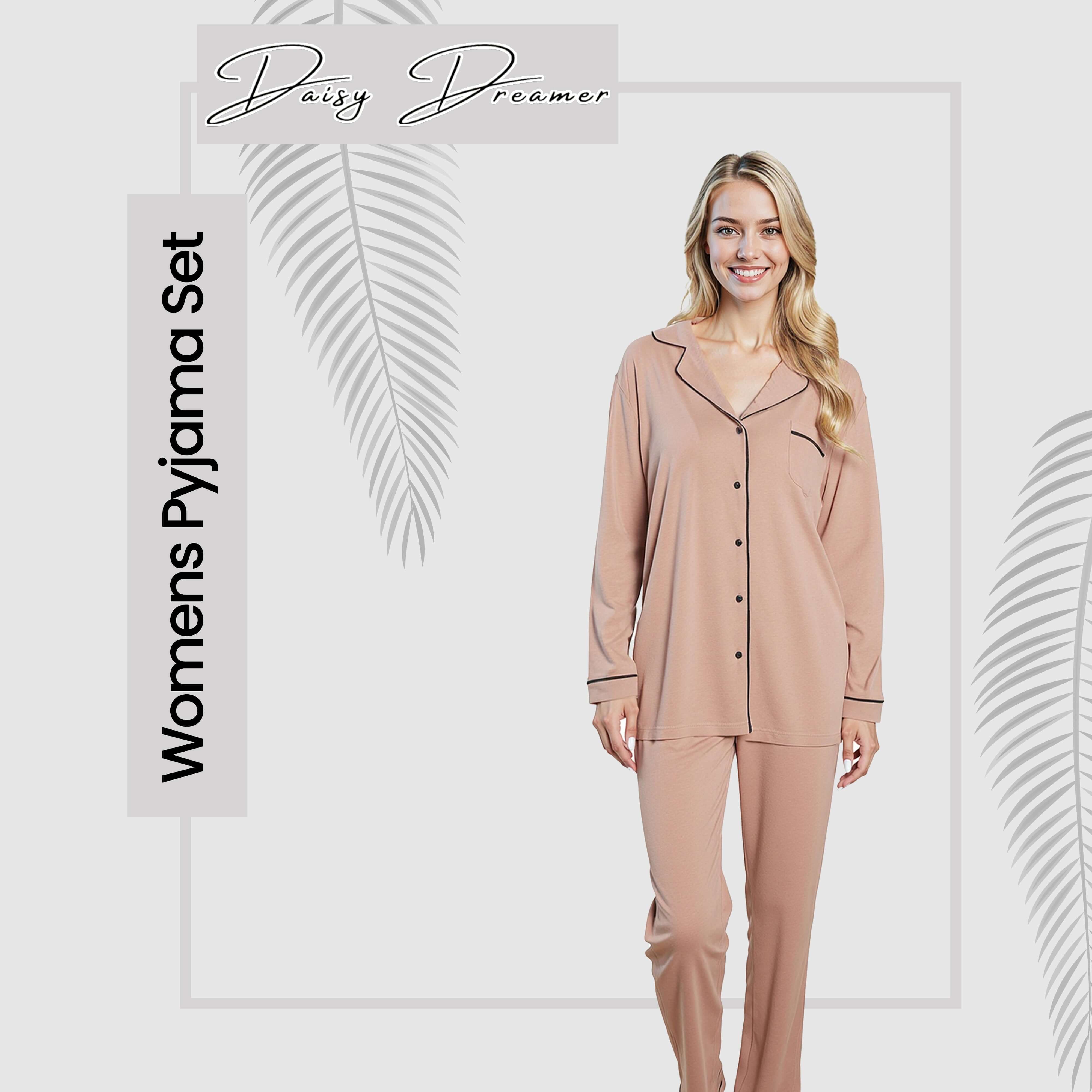 Women's Natural Pyjama Set Soft Touch Fabric Long Sleeve Top Easy Care