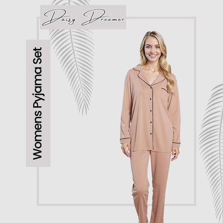 Women's Natural Pyjama Set Soft Touch Fabric Long Sleeve Top Easy Care