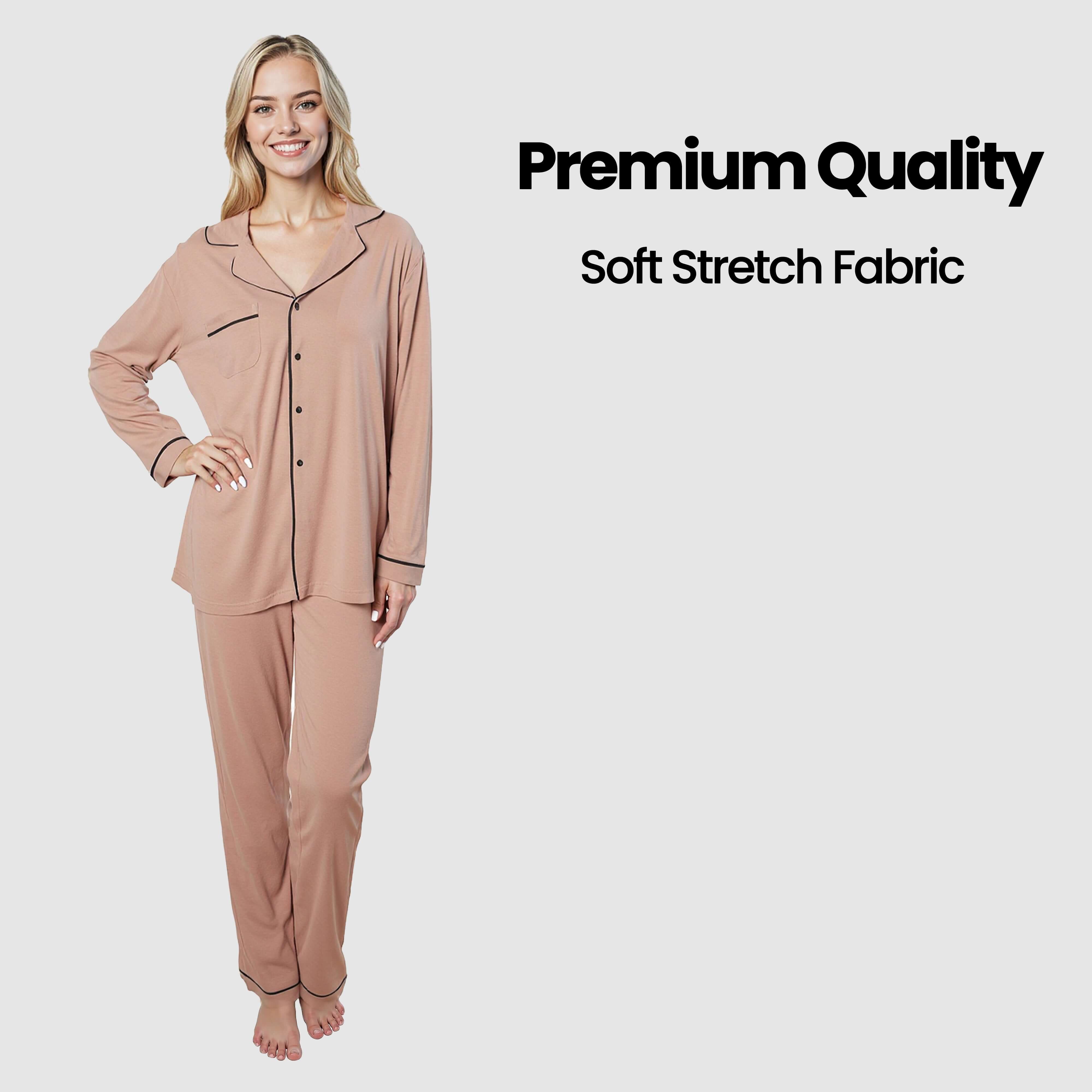 Women's Natural Pyjama Set Soft Touch Fabric Long Sleeve Top Easy Care