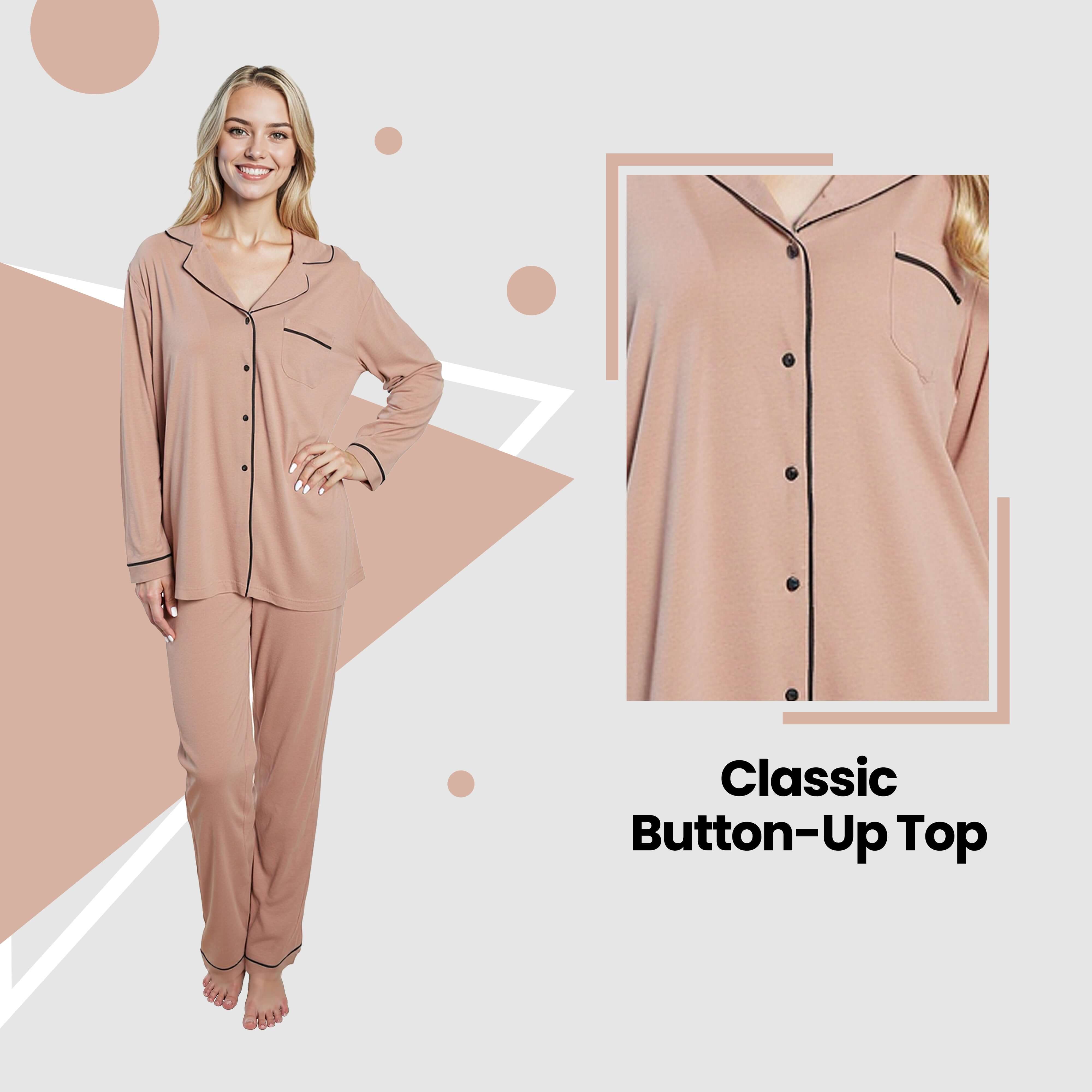 Women's Natural Pyjama Set Soft Touch Fabric Long Sleeve Top Easy Care