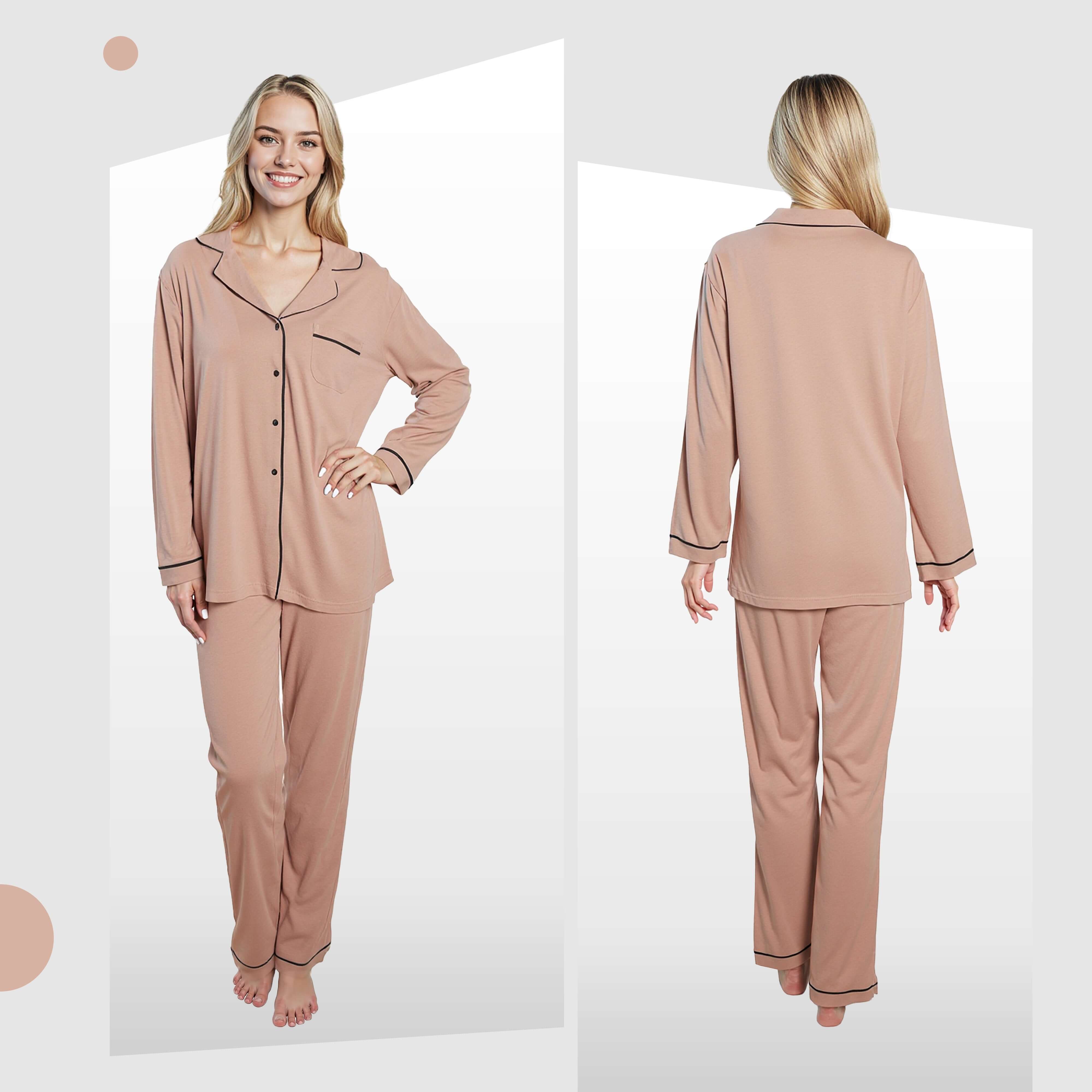 Women's Natural Pyjama Set Soft Touch Fabric Long Sleeve Top Easy Care
