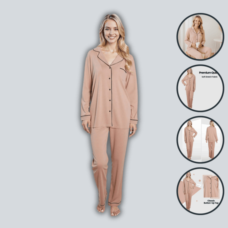 Women's Natural Pyjama Set Soft Touch Fabric Long Sleeve Top Easy Care