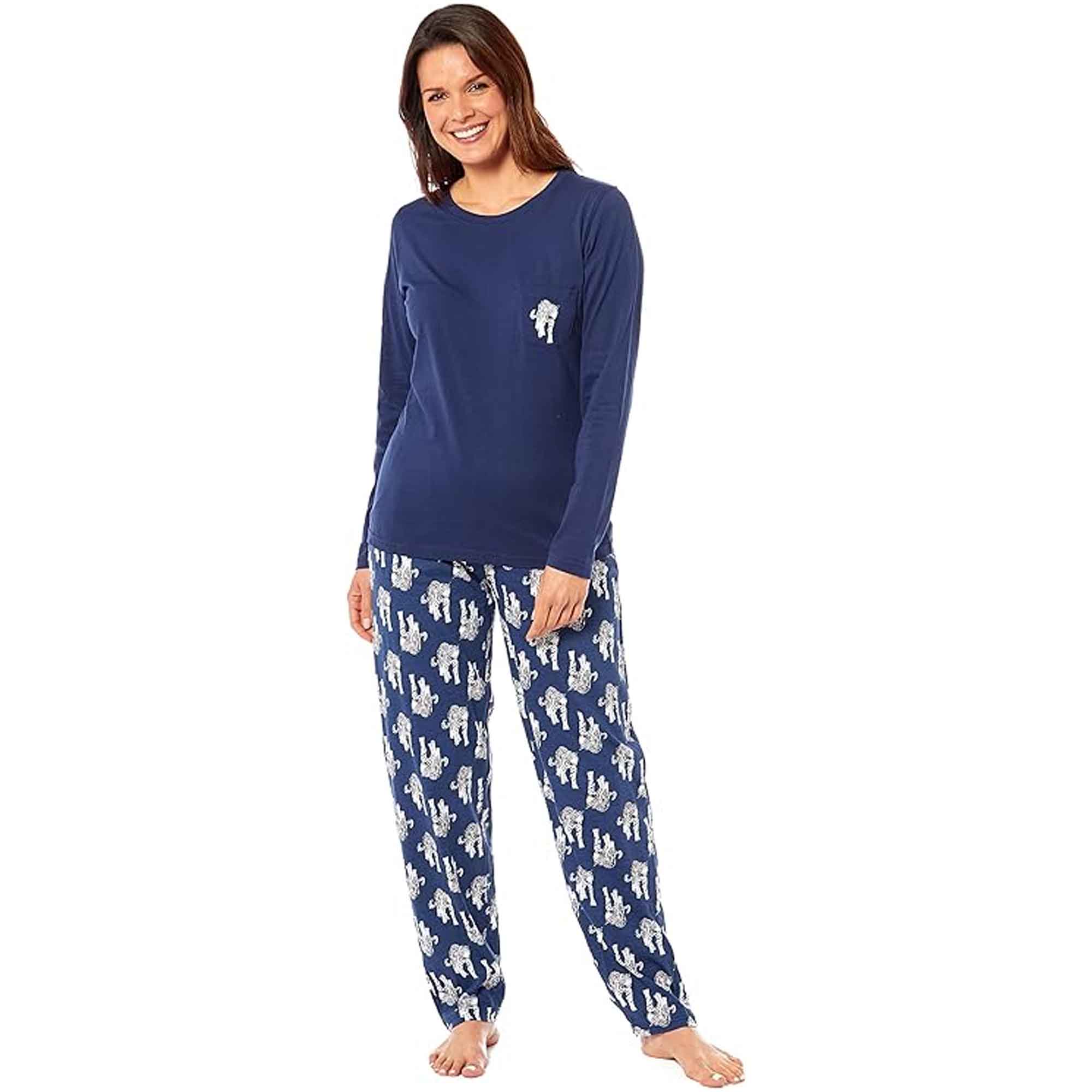 Women's Navy Tiger Print Polar Fleece Pyjama Set Cosy Winter