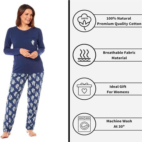 Women's Navy Tiger Print Polar Fleece Pyjama Set Cosy Winter