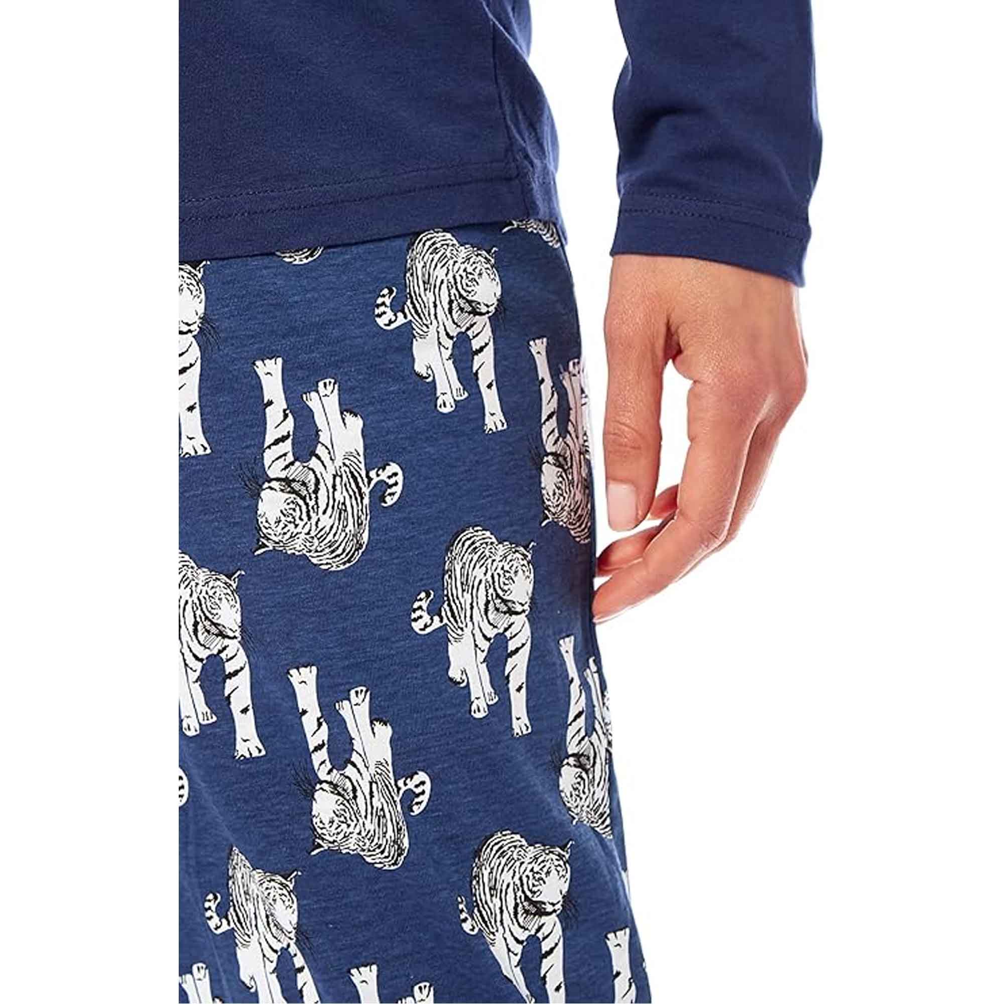 Women's Navy Tiger Print Polar Fleece Pyjama Set Cosy Winter