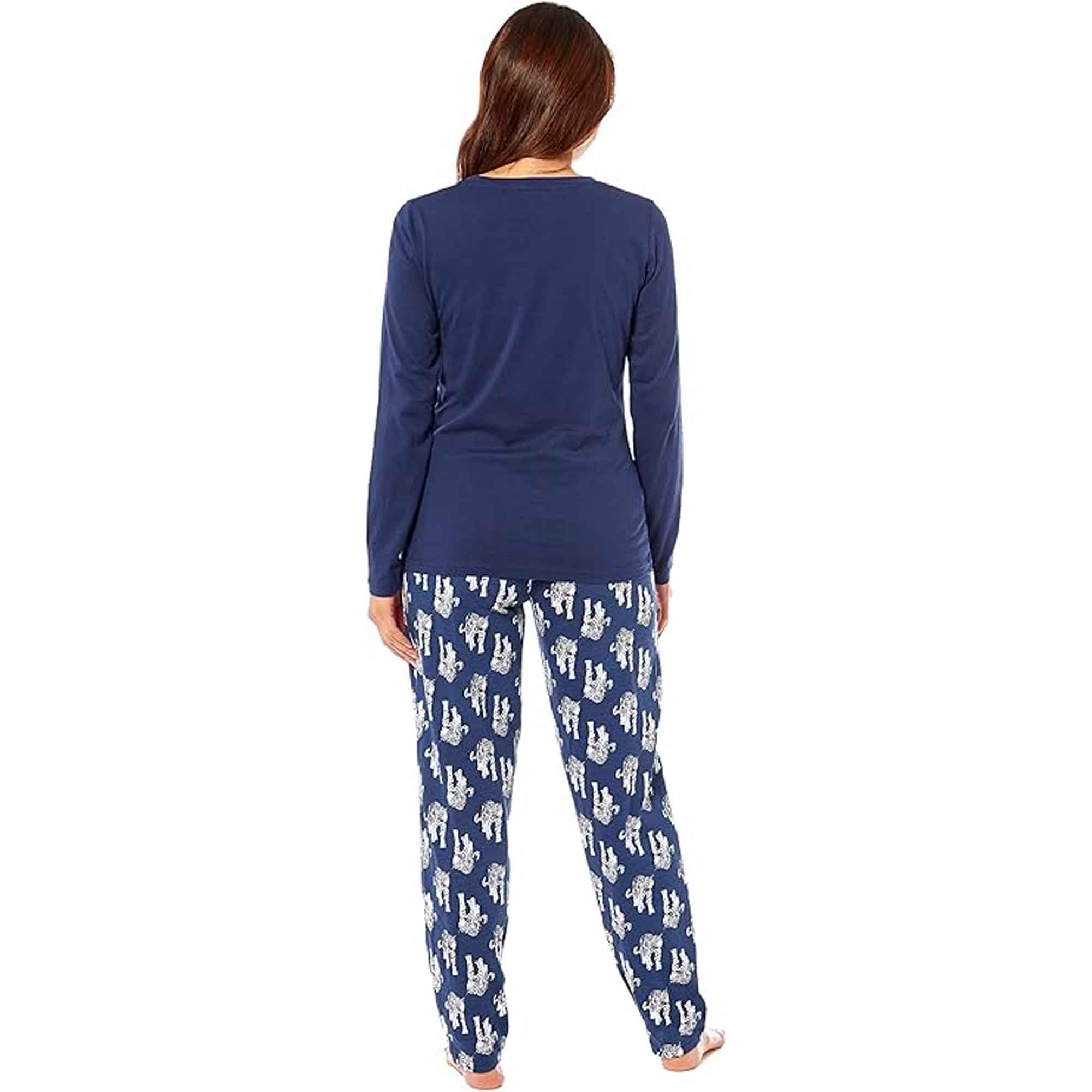 Women's Navy Tiger Print Polar Fleece Pyjama Set Cosy Winter