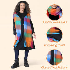 Women's Orange Blue Chunky Knit Plaid Blanket Scarf Long Winter Wrap