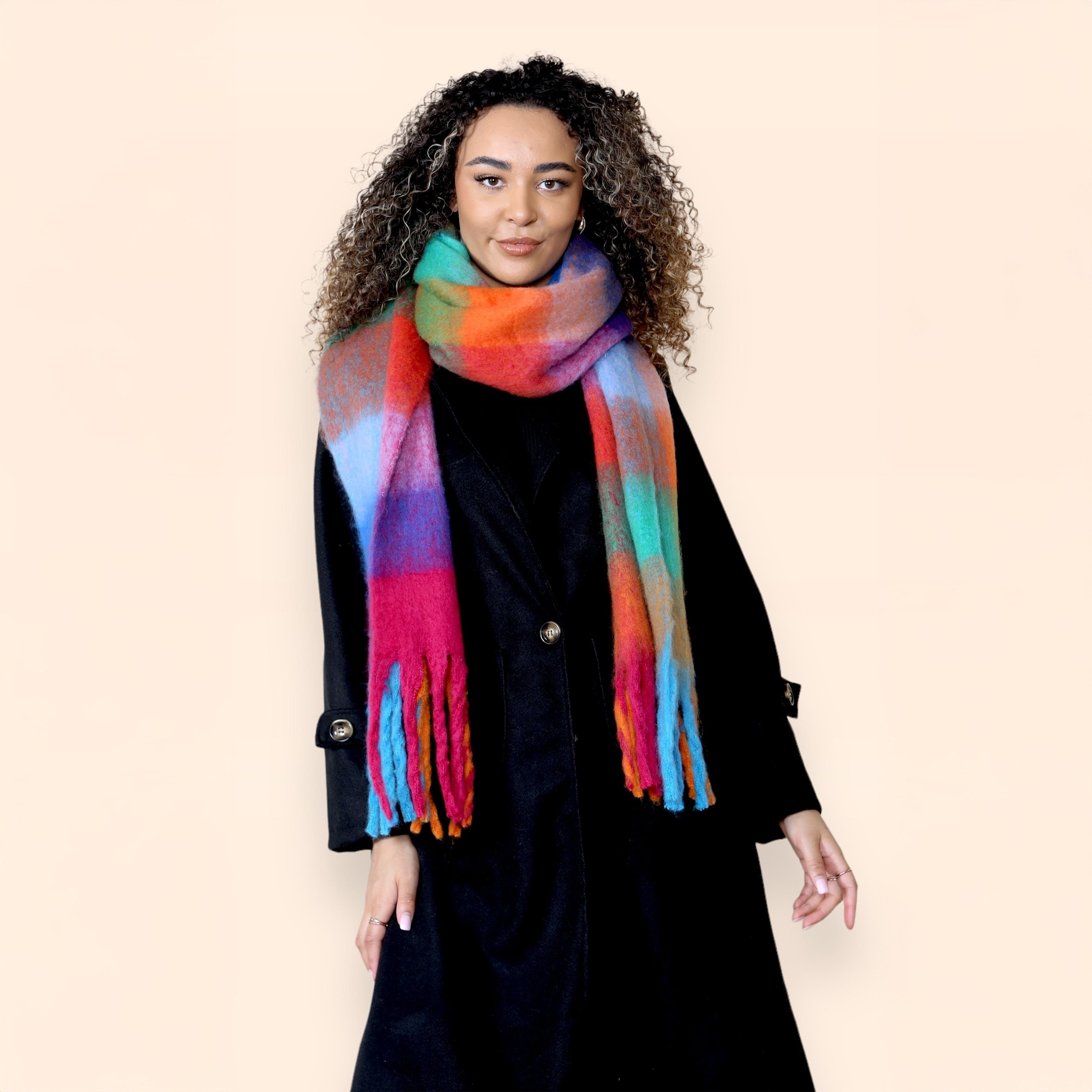Women's Orange Blue Chunky Knit Plaid Blanket Scarf Long Winter Wrap