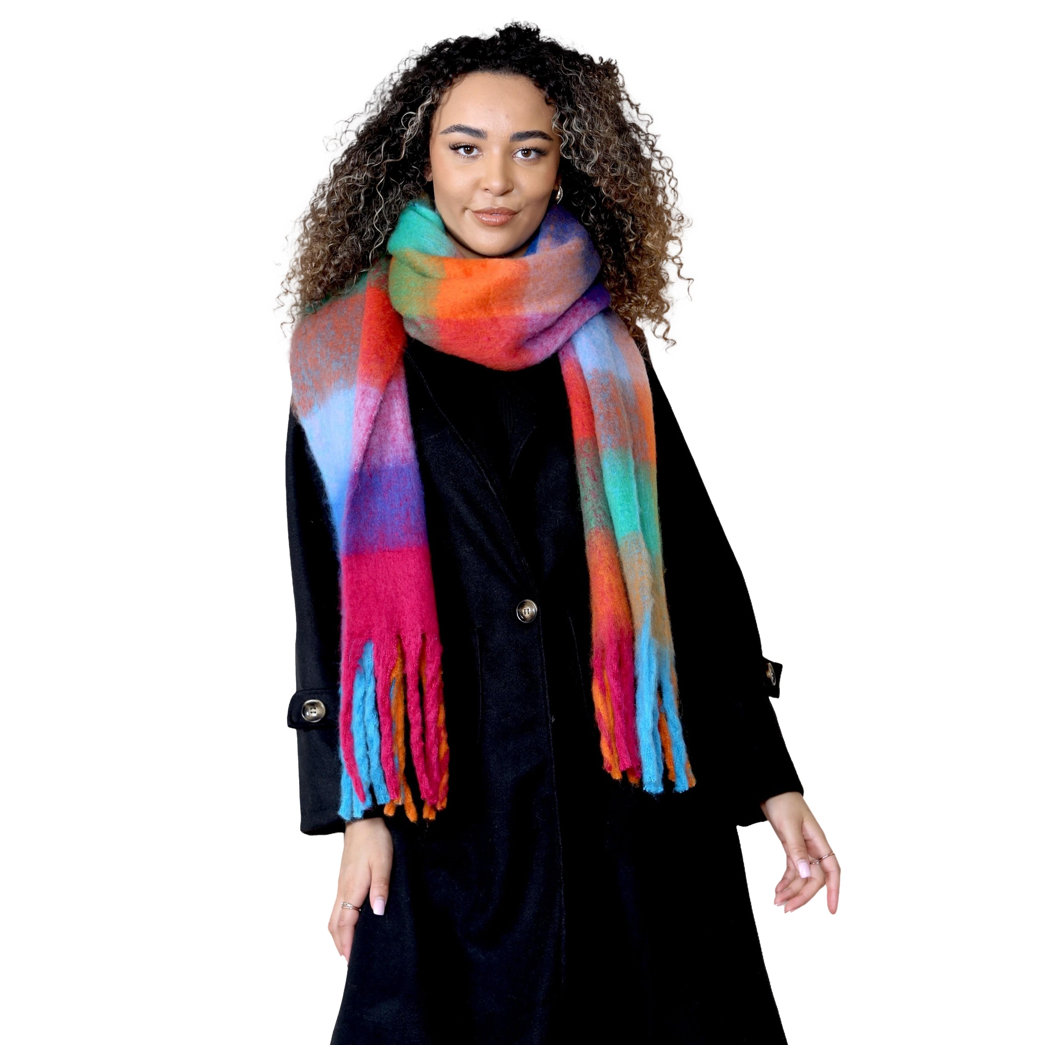 Women's Orange Blue Chunky Knit Plaid Blanket Scarf Long Winter Wrap