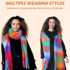 Women's Orange Blue Chunky Knit Plaid Blanket Scarf Long Winter Wrap