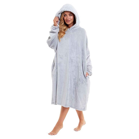 Women's Plush Hooded Poncho Blanket Oversized Fleece Hoodie With Fur Hood