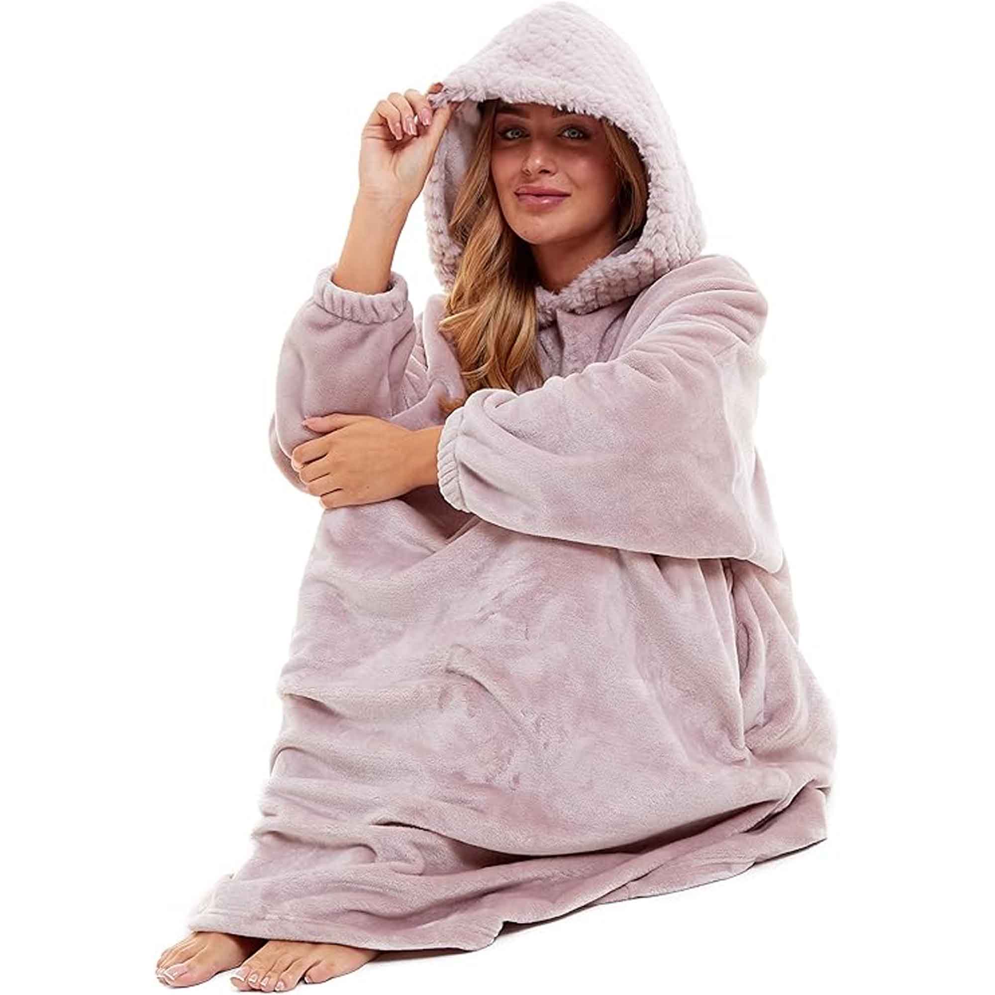 Women's Plush Hooded Poncho Blanket Oversized Fleece Hoodie With Fur Hood