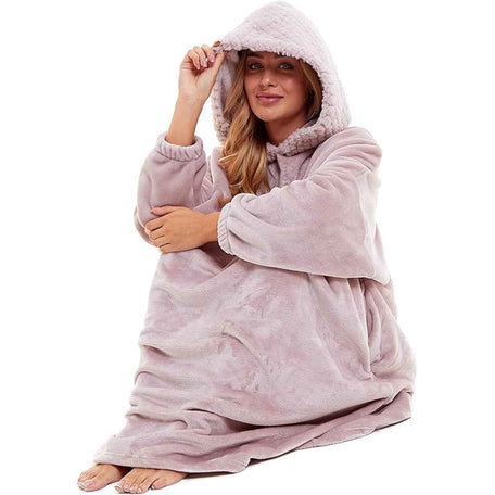 Women's Plush Hooded Poncho Blanket Oversized Fleece Hoodie With Fur Hood
