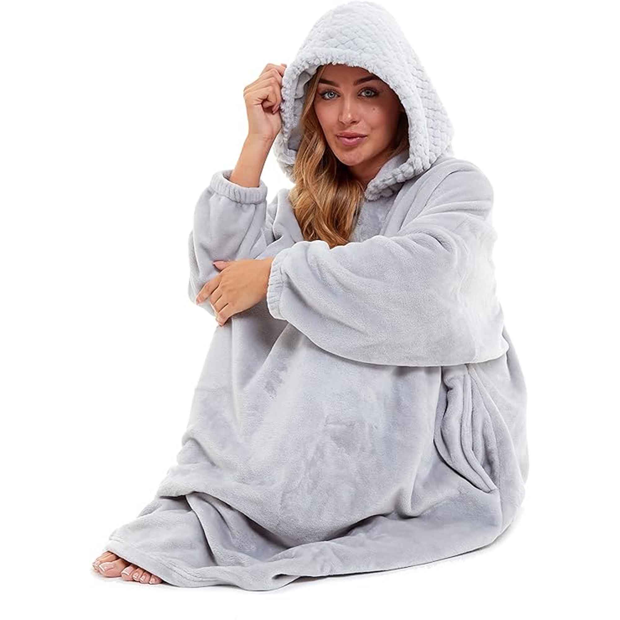 Women's Plush Hooded Poncho Blanket Oversized Fleece Hoodie With Fur Hood