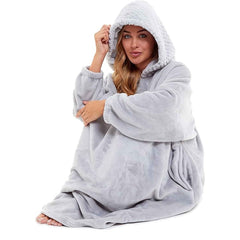 Women's Plush Hooded Poncho Blanket Oversized Fleece Hoodie With Fur Hood