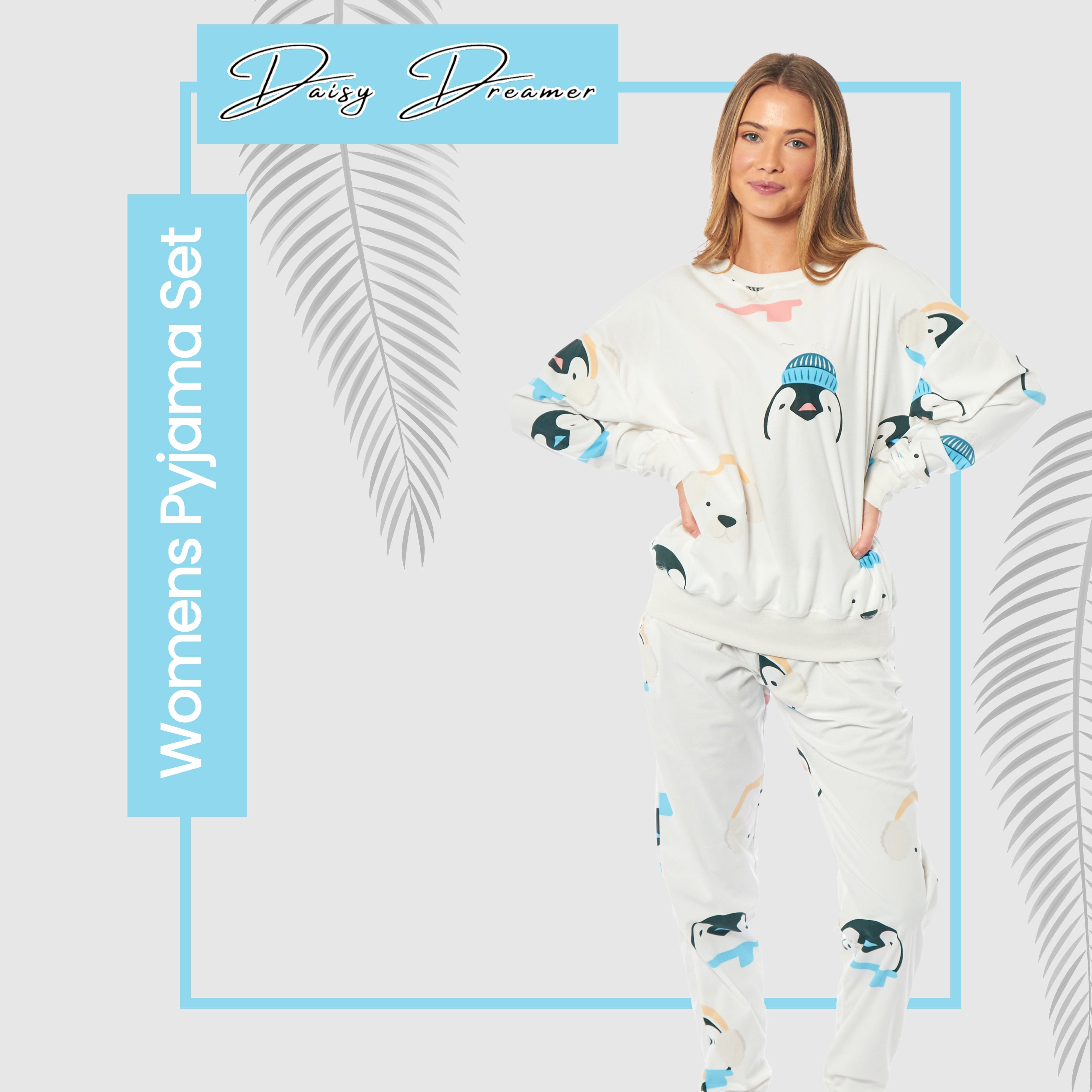 Women's Fleece Pyjama Set Penguins And Polar Bears Long Sleeve Animal Print