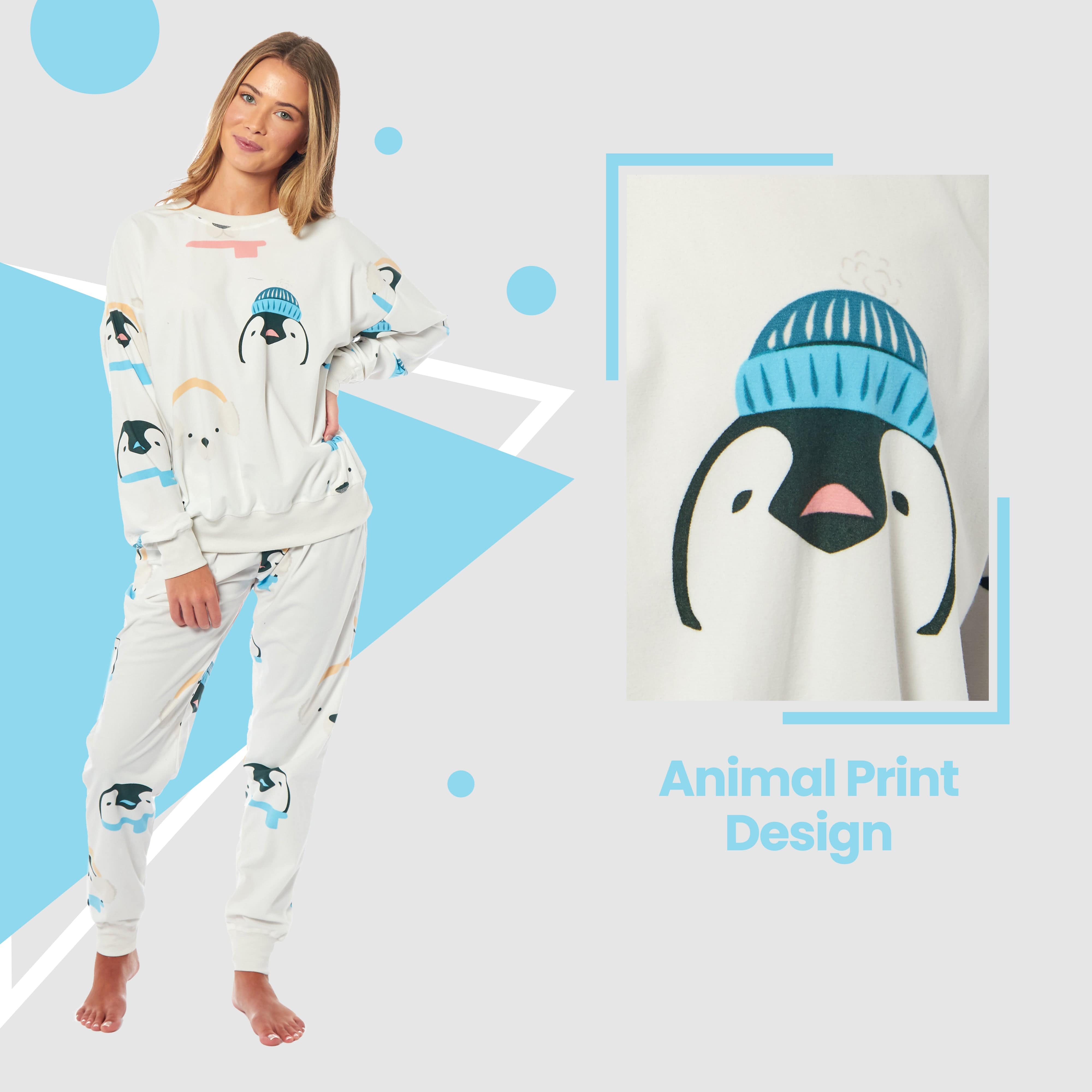 Women's Fleece Pyjama Set Penguins And Polar Bears Long Sleeve Animal Print