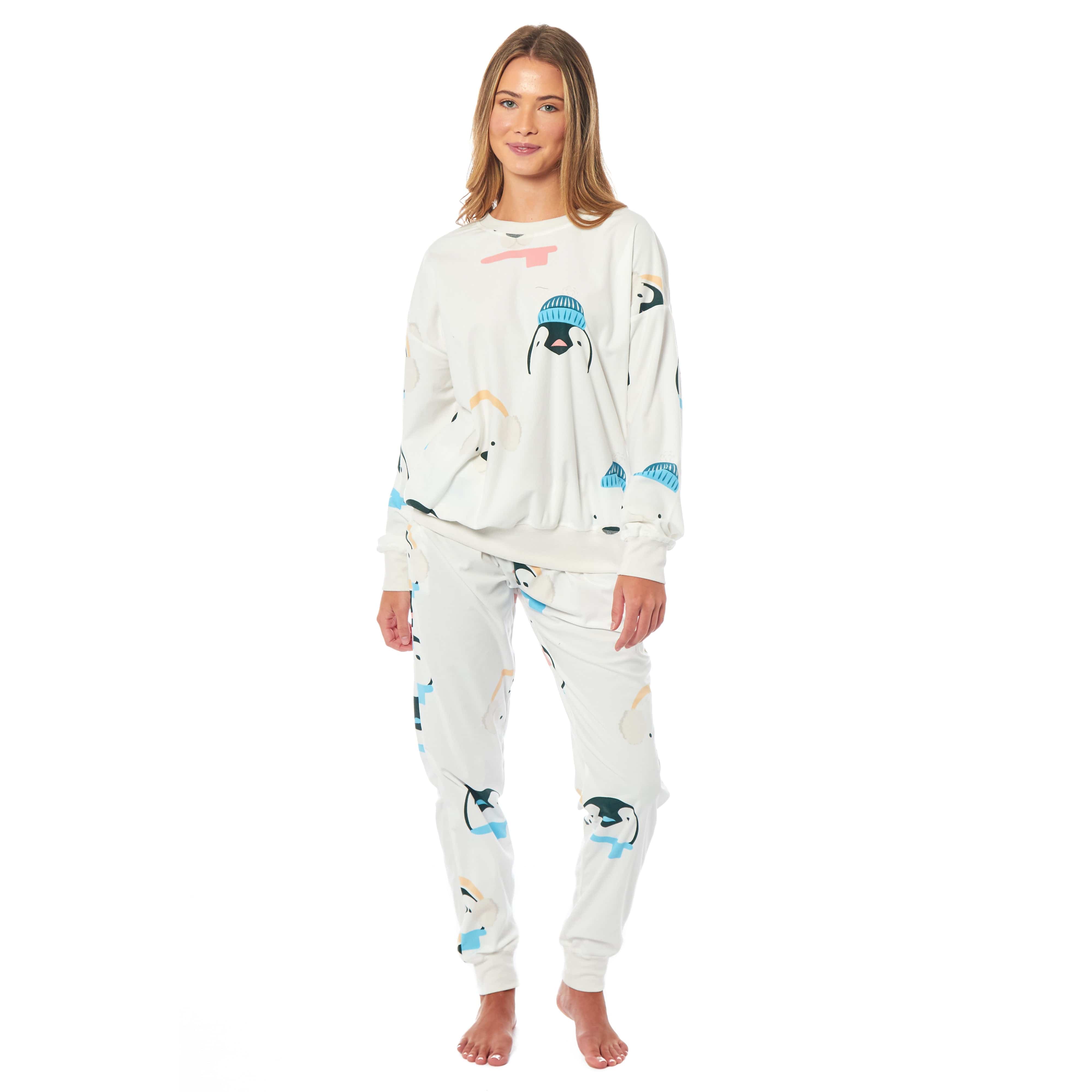 Women's Fleece Pyjama Set Penguins And Polar Bears Long Sleeve Animal Print