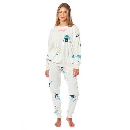 Women's Fleece Pyjama Set Penguins And Polar Bears Long Sleeve Animal Print