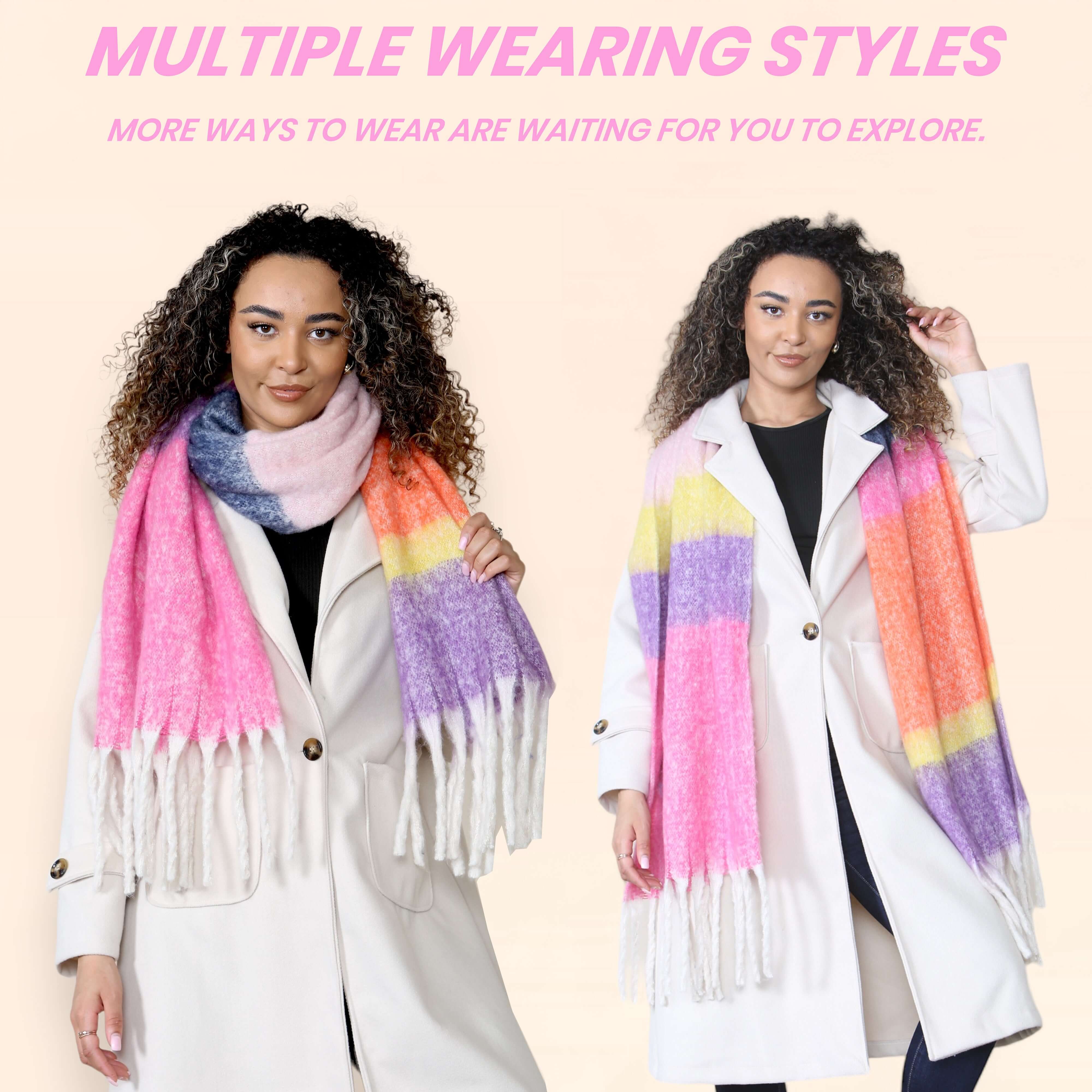 Women’s Pink Purple Chunky Knit Blanket Scarf Long Winter Wrap Striped