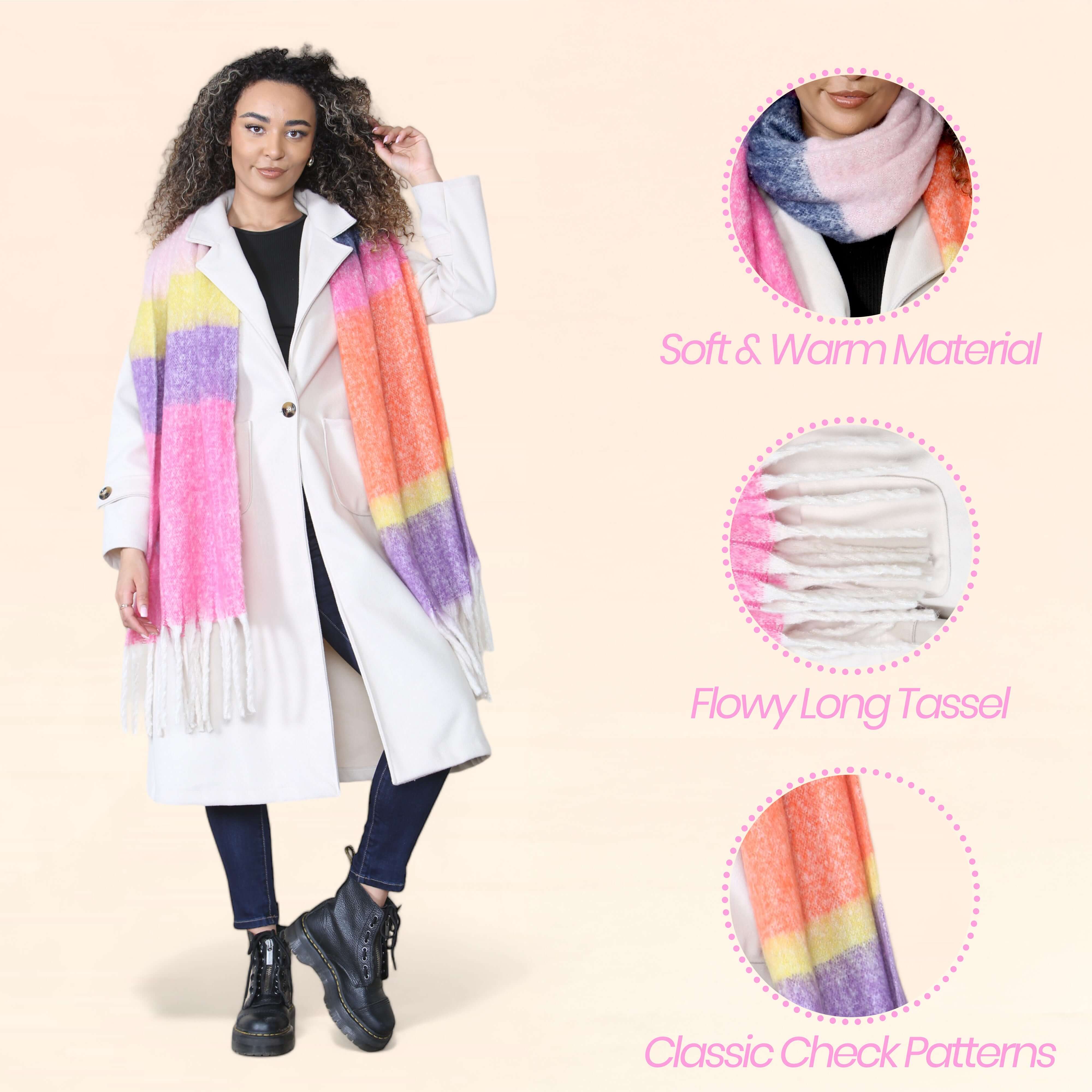Women’s Pink Purple Chunky Knit Blanket Scarf Long Winter Wrap Striped