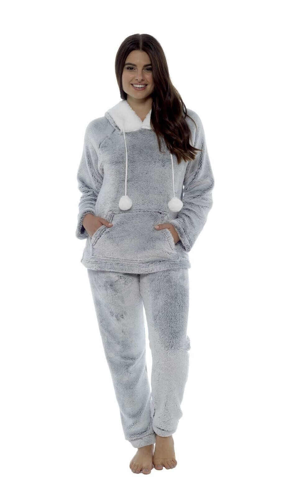 Women's Plush Fleece Hooded Pyjama Set in Shimmer Grey Cosy Winter
