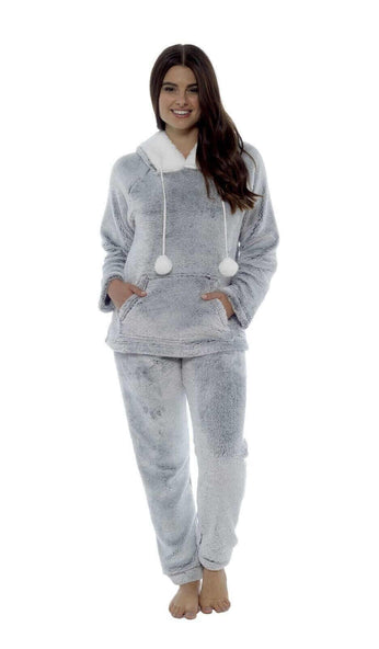 Women's Plush Fleece Hooded Pyjama Set in Shimmer Grey Cosy Winter
