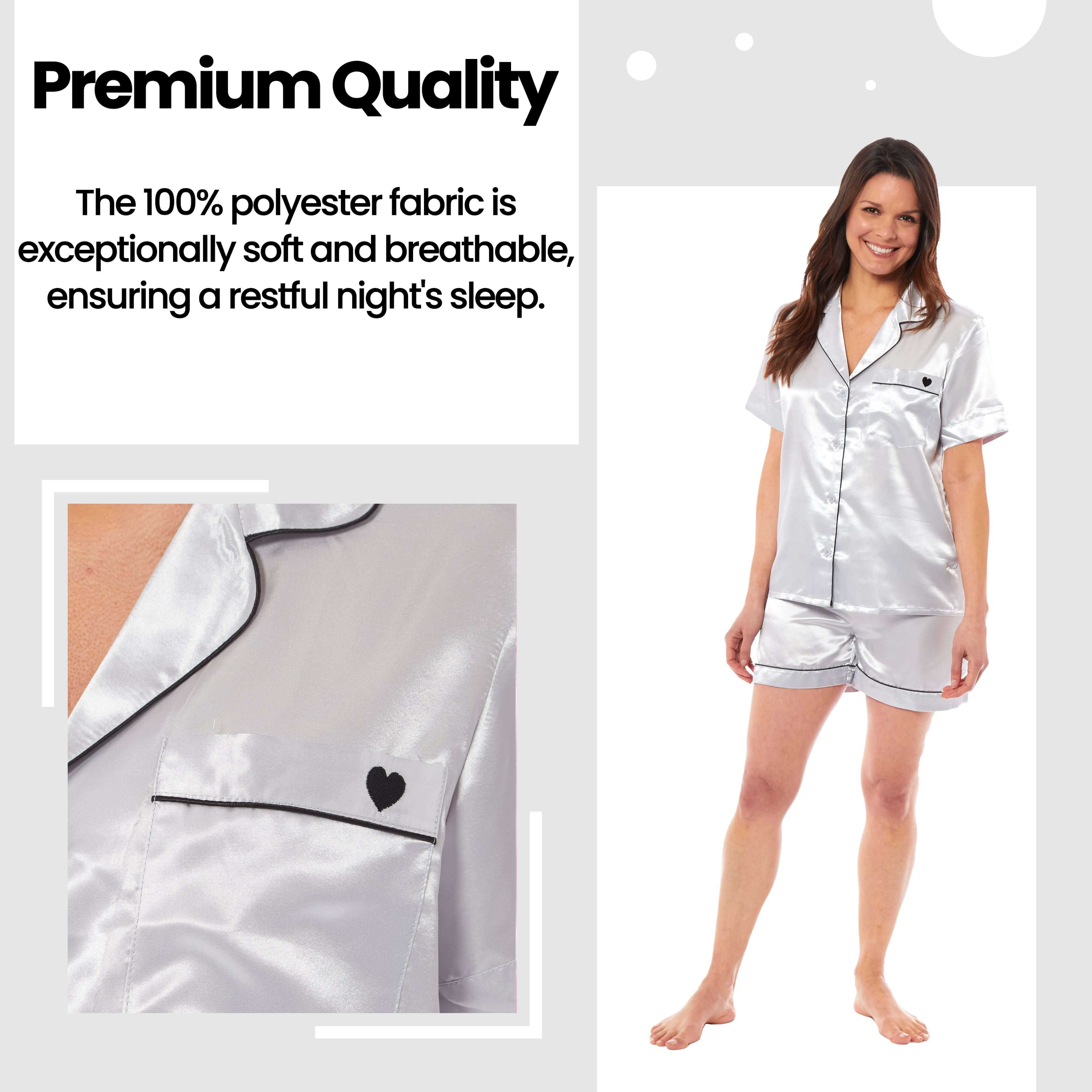Women's Satin Silk Short Pyjama Set Black Pink Grey UK Sizes 8-22