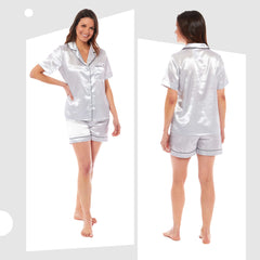 Women's Satin Silk Short Pyjama Set Black Pink Grey UK Sizes 8-22