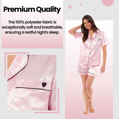 Women's Satin Silk Short Pyjama Set Black Pink Grey UK Sizes 8-22