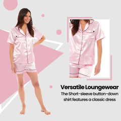 Women's Satin Silk Short Pyjama Set Black Pink Grey UK Sizes 8-22