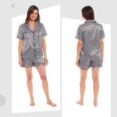 Women's Satin Silk Short Pyjama Set Black Pink Grey UK Sizes 8-22