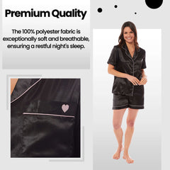 Women's Satin Silk Short Pyjama Set Black Pink Grey UK Sizes 8-22