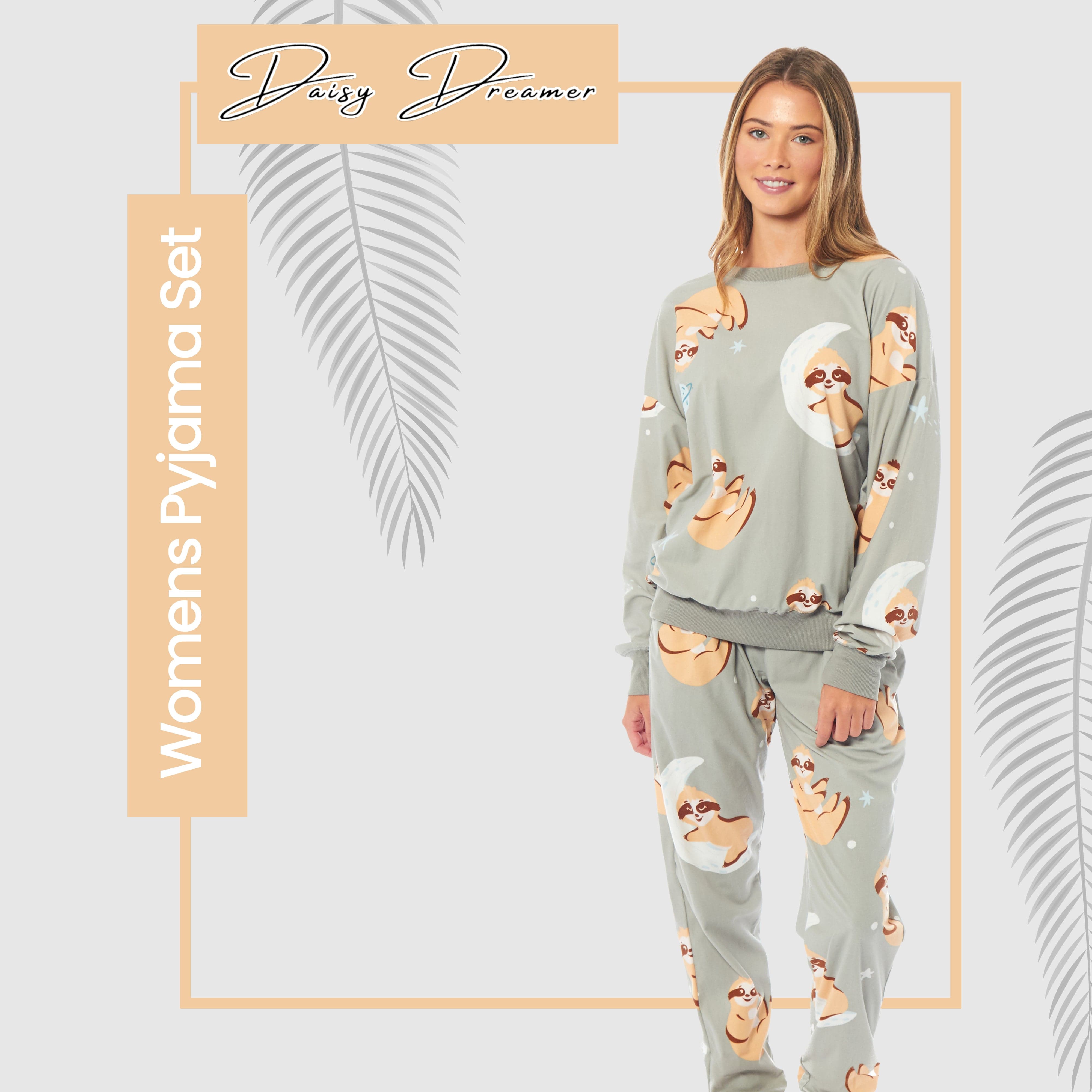 Women's Sloth Fleece Pyjama Set Long Sleeve Animal Print Warm Sleepwear