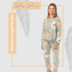 Women's Sloth Fleece Pyjama Set Long Sleeve Animal Print Warm Sleepwear