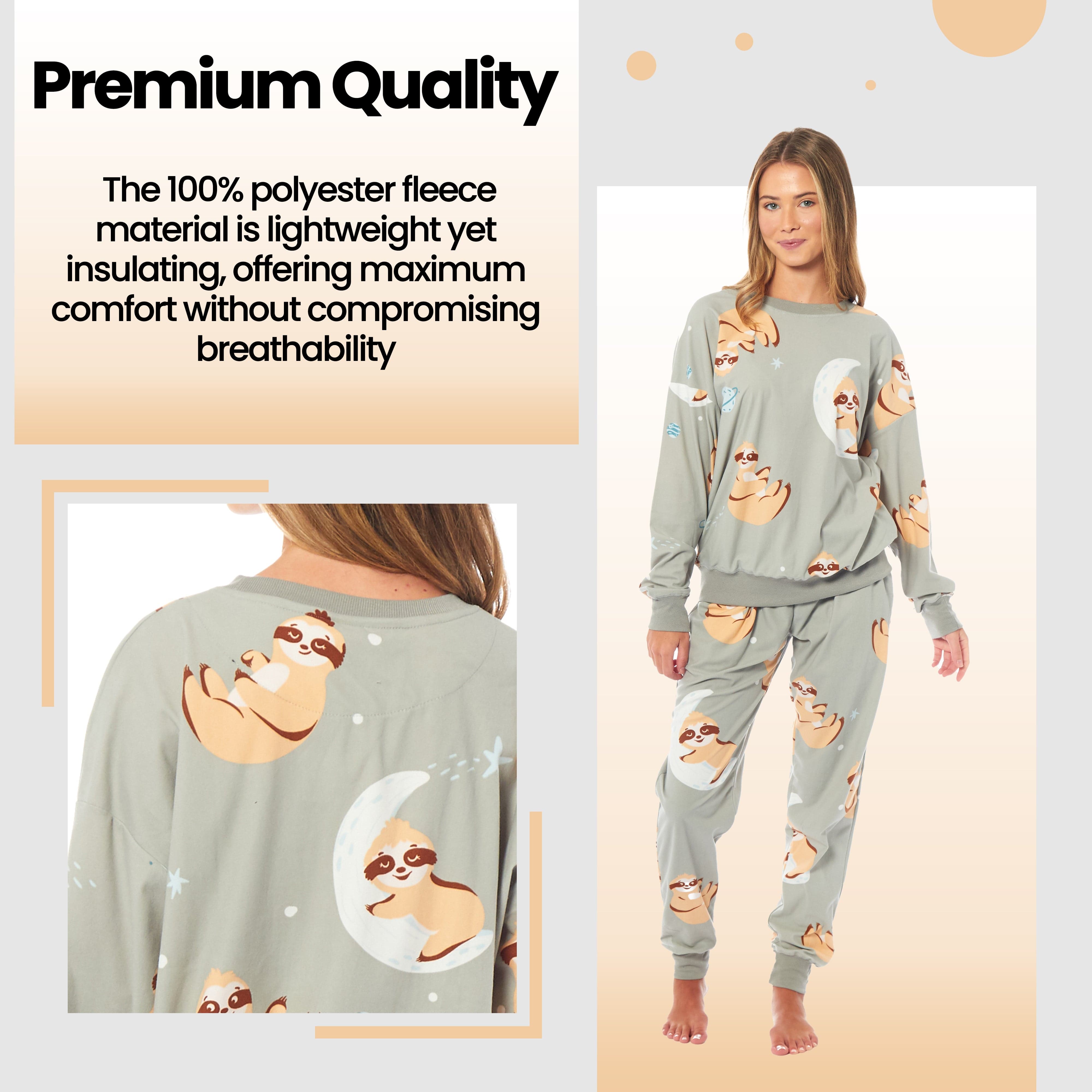 Women's Sloth Fleece Pyjama Set Long Sleeve Animal Print Warm Sleepwear