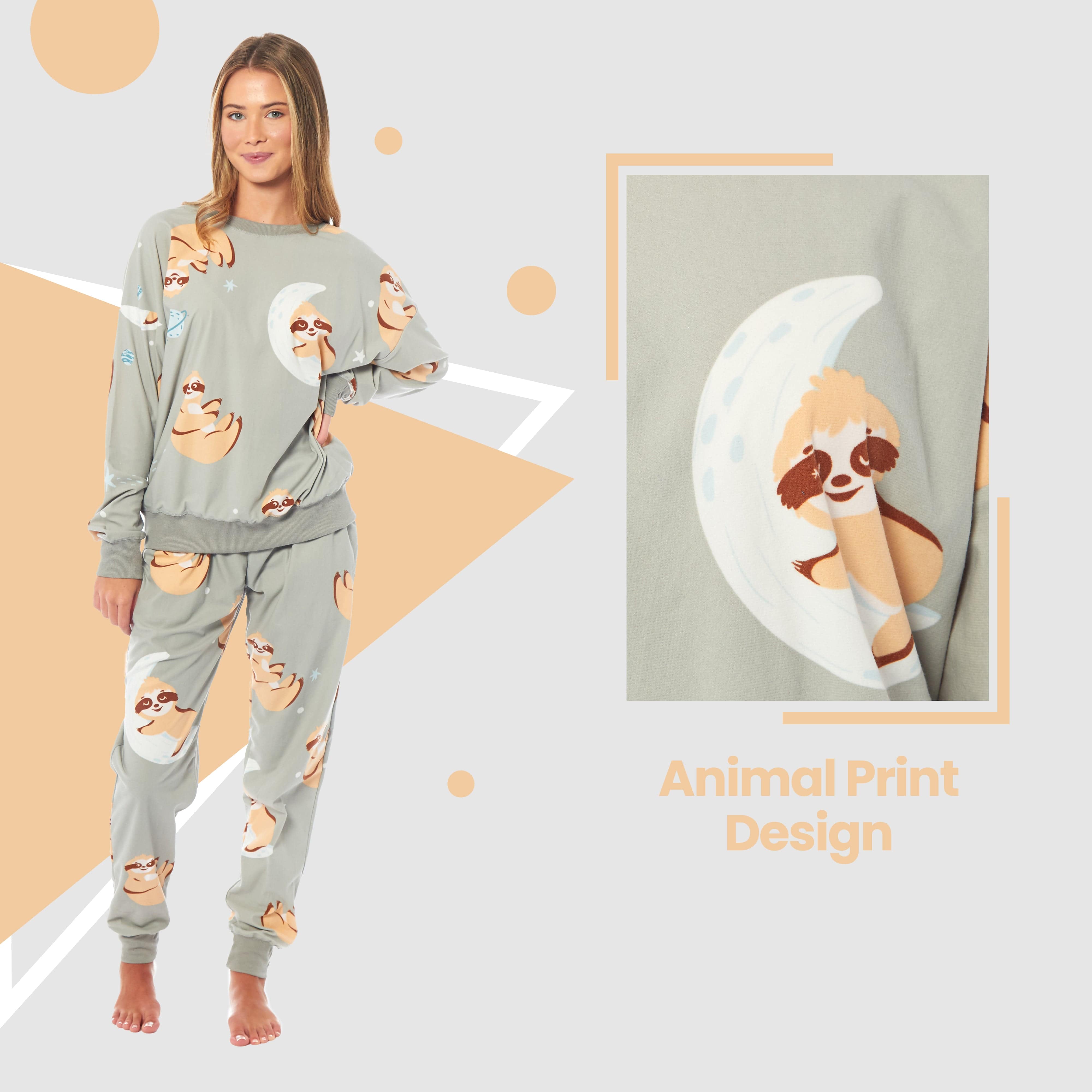 Women's Sloth Fleece Pyjama Set Long Sleeve Animal Print Warm Sleepwear
