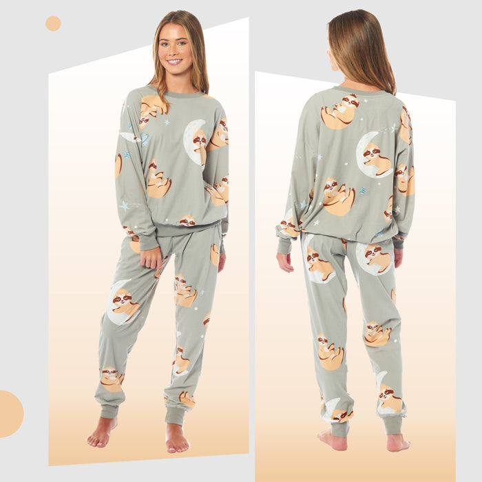 Women's Sloth Fleece Pyjama Set Long Sleeve Animal Print Warm Sleepwear, image 2