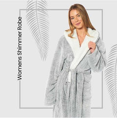 Women's Shimmer Fleece Hooded Bath Robe Soft Plush Luxury Gown Cosy Winter