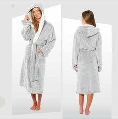 Women's Shimmer Fleece Hooded Bath Robe Soft Plush Luxury Gown Cosy Winter