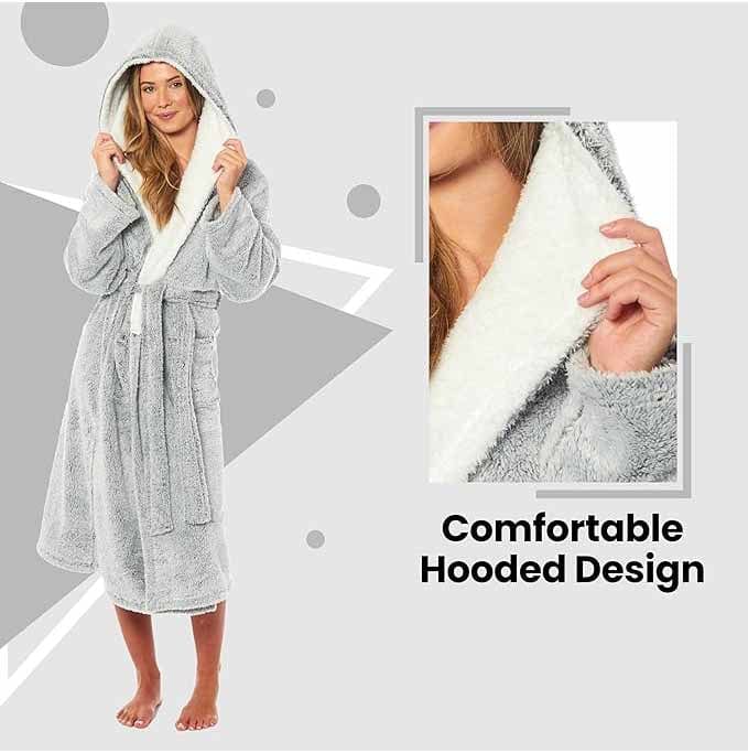 Women's Shimmer Fleece Hooded Bath Robe Soft Plush Luxury Gown Cosy Winter