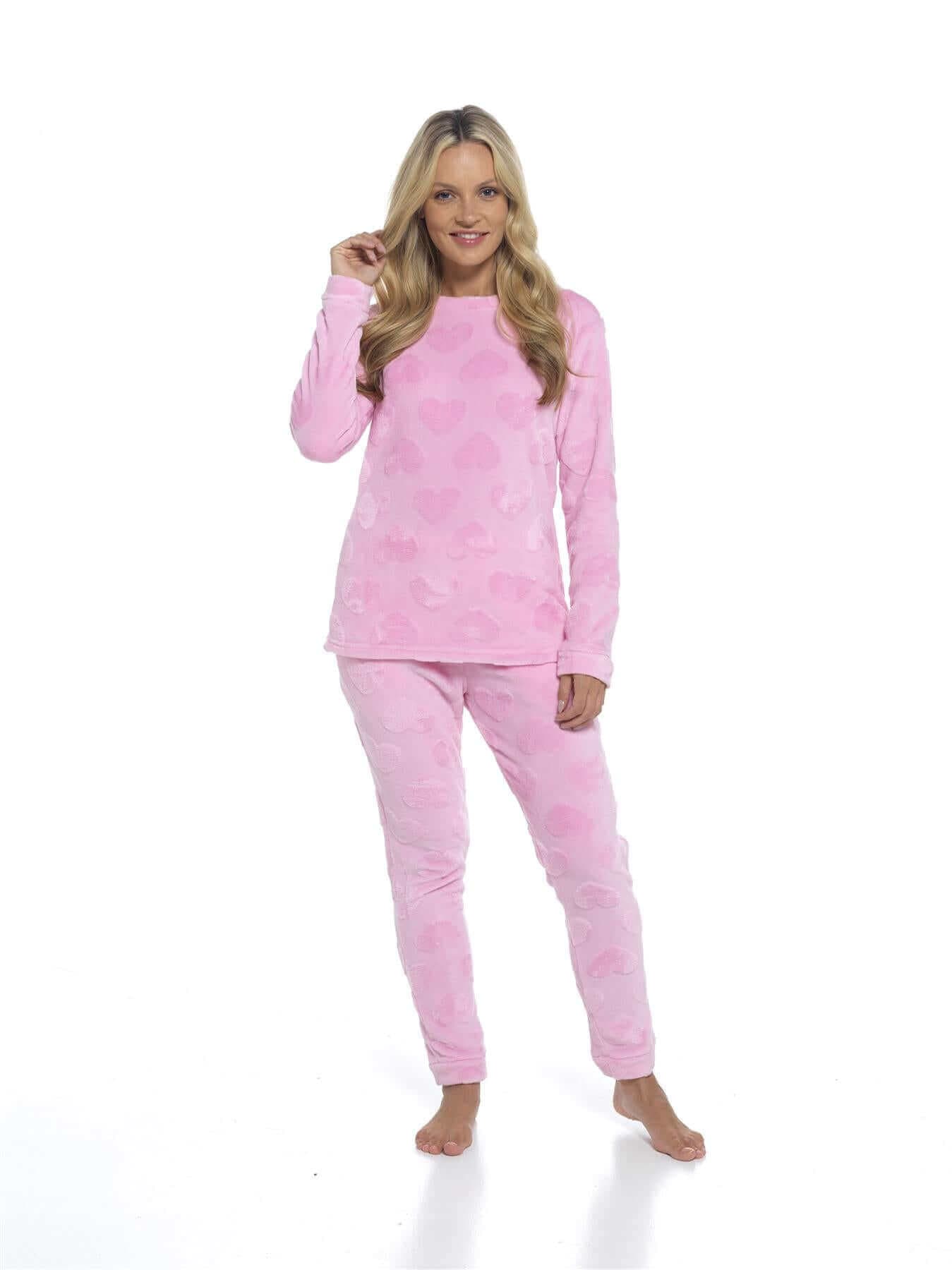 Women's Heart Fleece Pyjamas Set Plush Loungewear Top And Pants Teddy