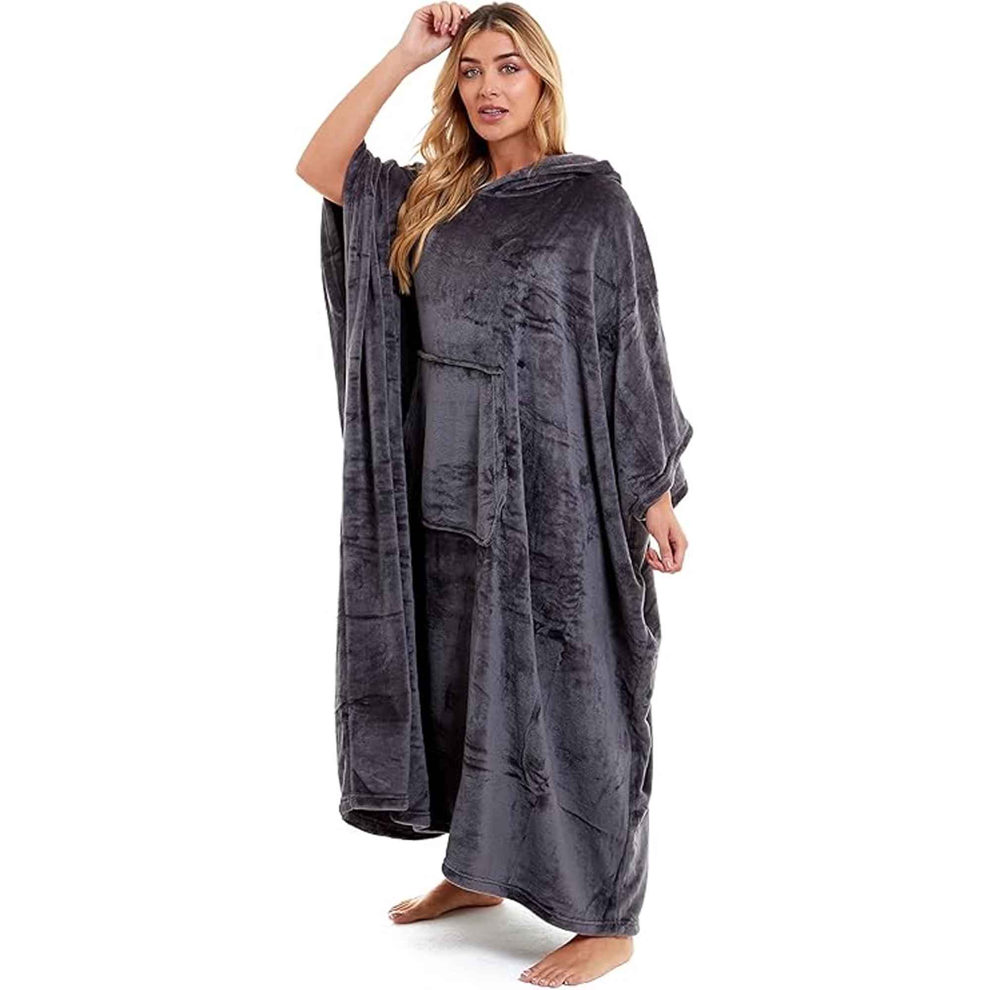 Women's Hooded Poncho Blanket Navy Charcoal Flannel Fleece Cosy Loungewear