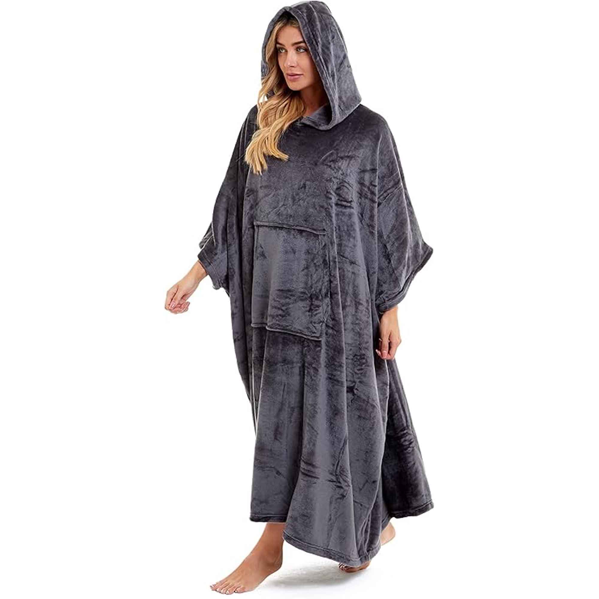 Women's Hooded Poncho Blanket Navy Charcoal Flannel Fleece Cosy Loungewear