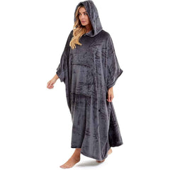 Women's Hooded Poncho Blanket Navy Charcoal Flannel Fleece Cosy Loungewear