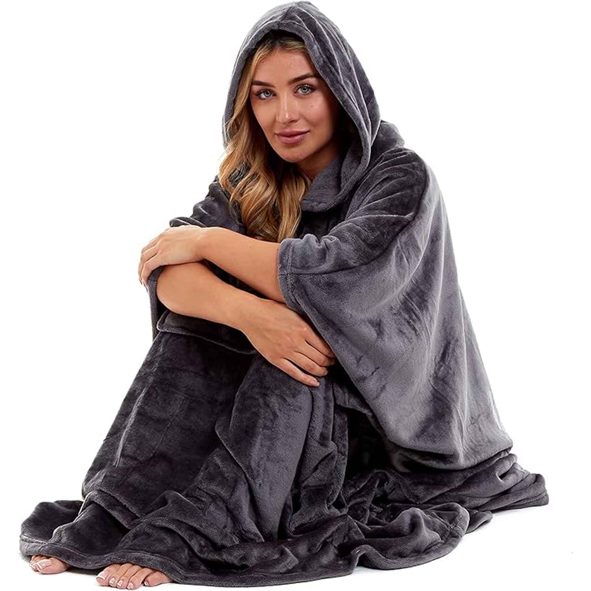 Women's Hooded Poncho Blanket Navy Charcoal Flannel Fleece Cosy Loungewear