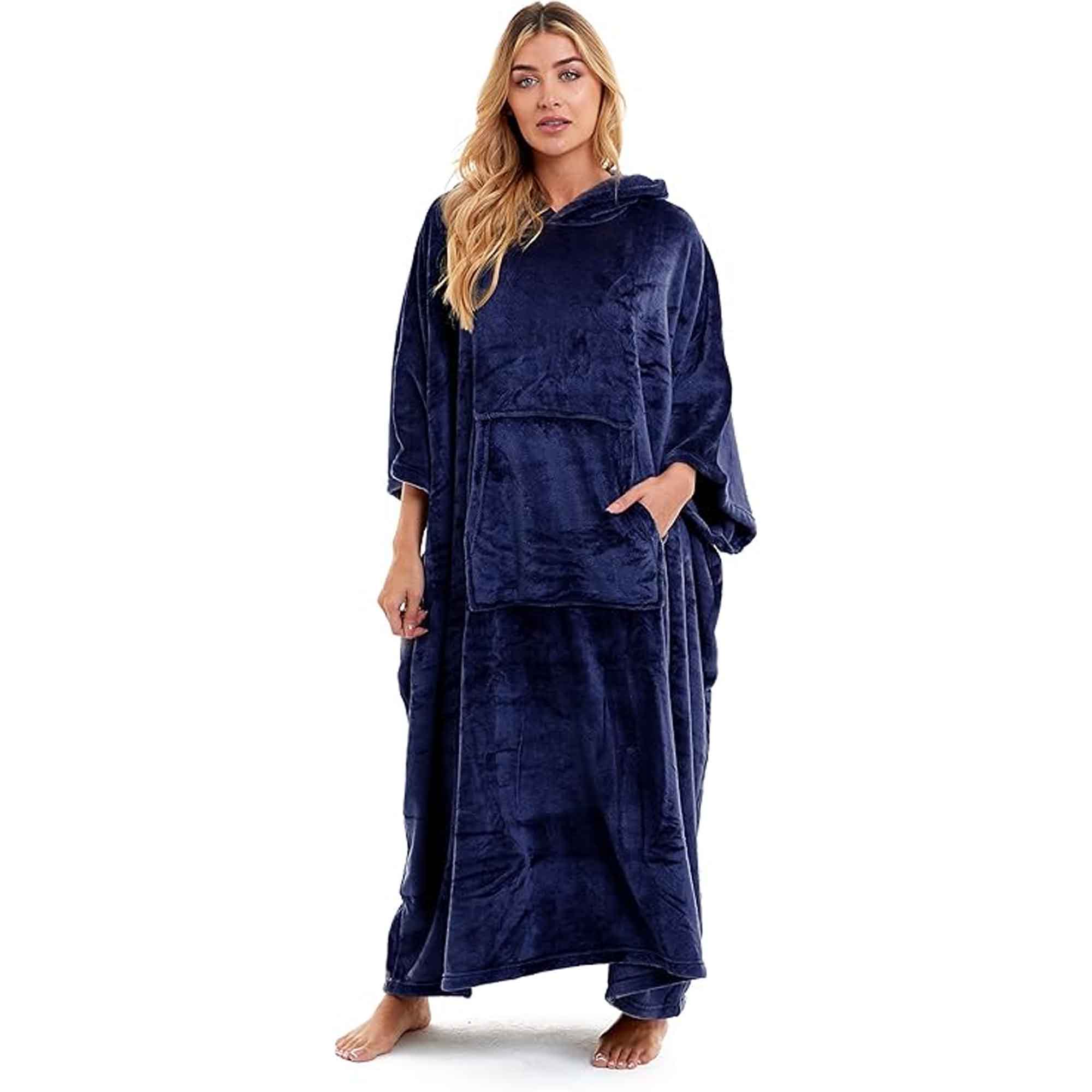 Women's Hooded Poncho Blanket Navy Charcoal Flannel Fleece Cosy Loungewear