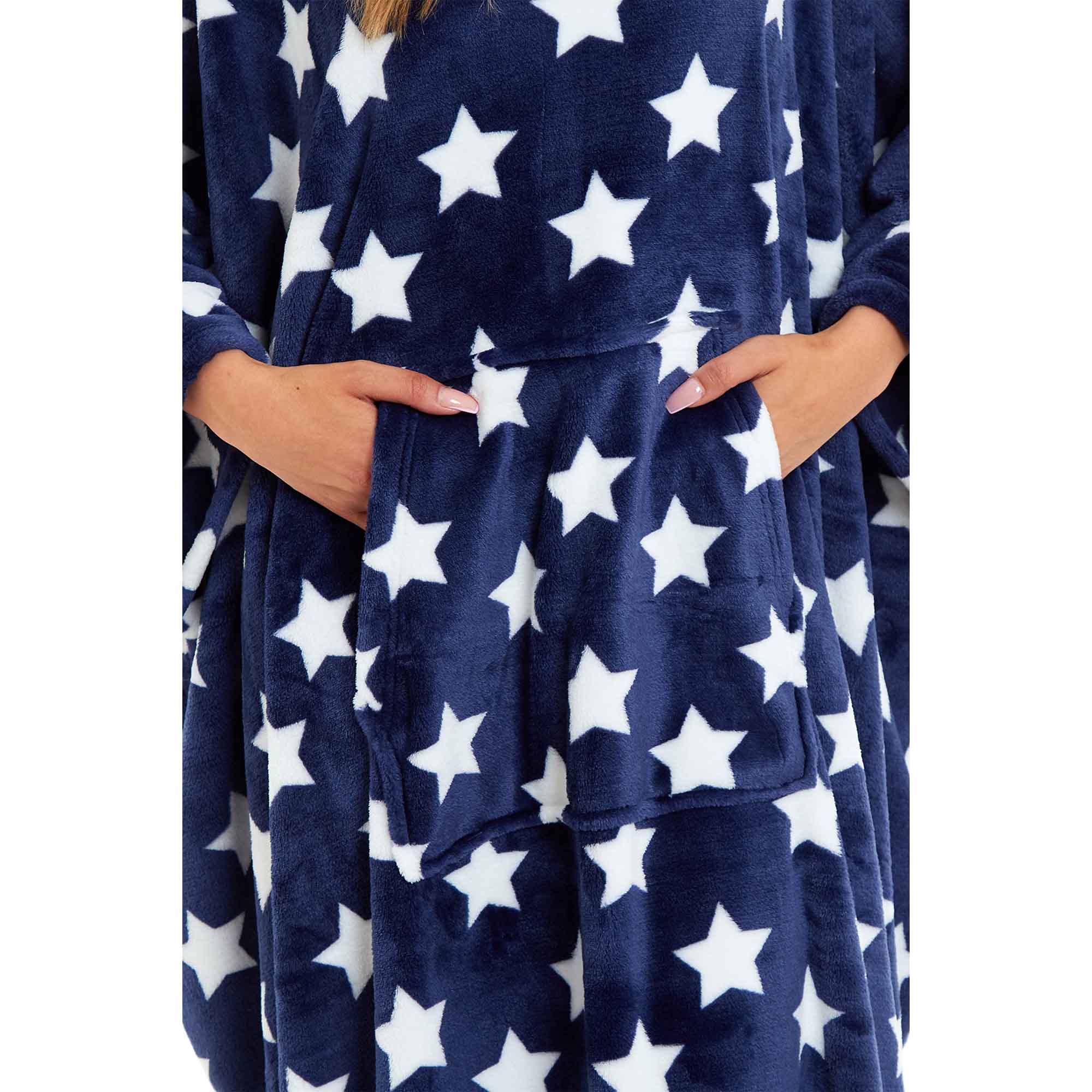 Women's Oversized Hooded Poncho Blanket Super Soft Stars And Polka Dot