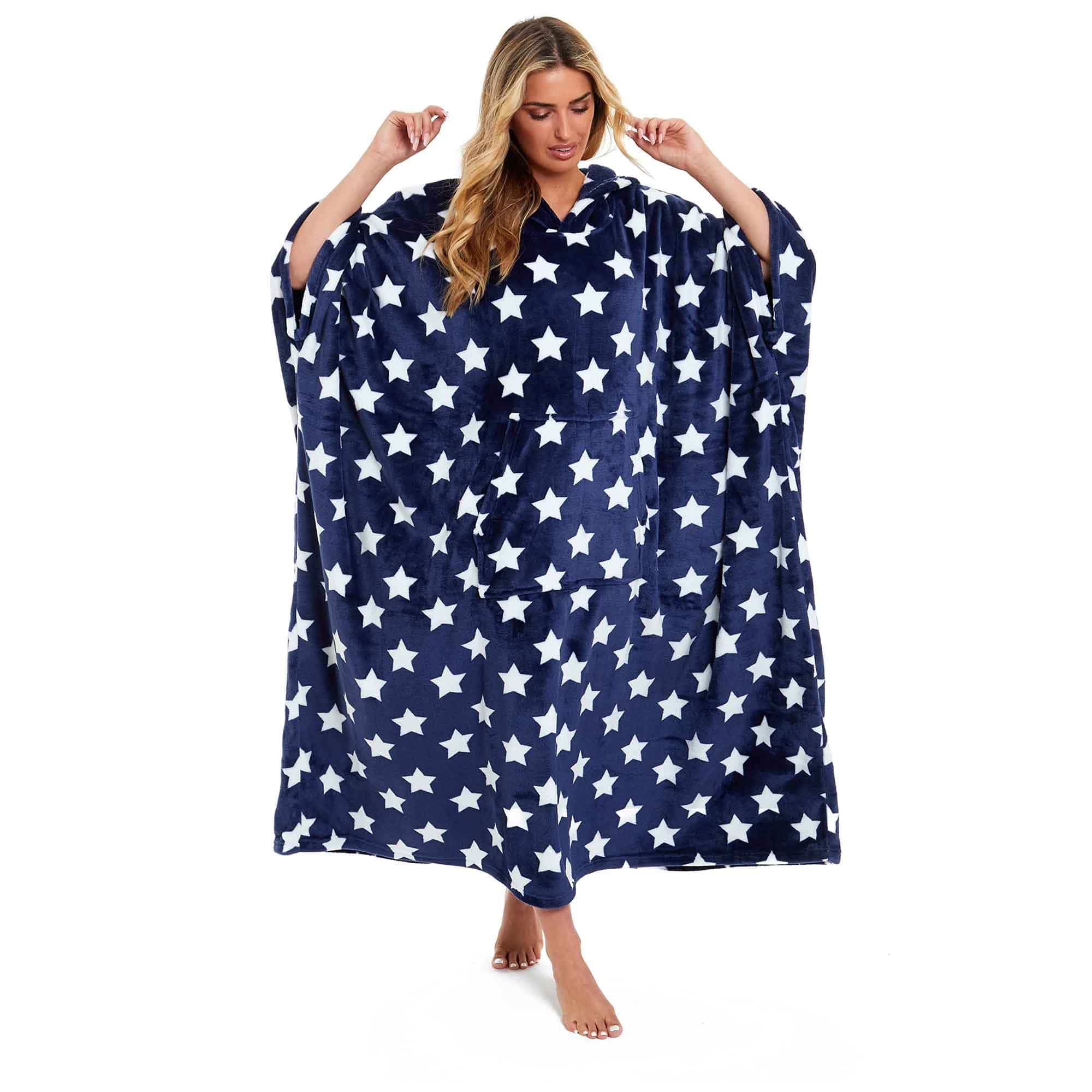 Women's Oversized Hooded Poncho Blanket Super Soft Stars And Polka Dot
