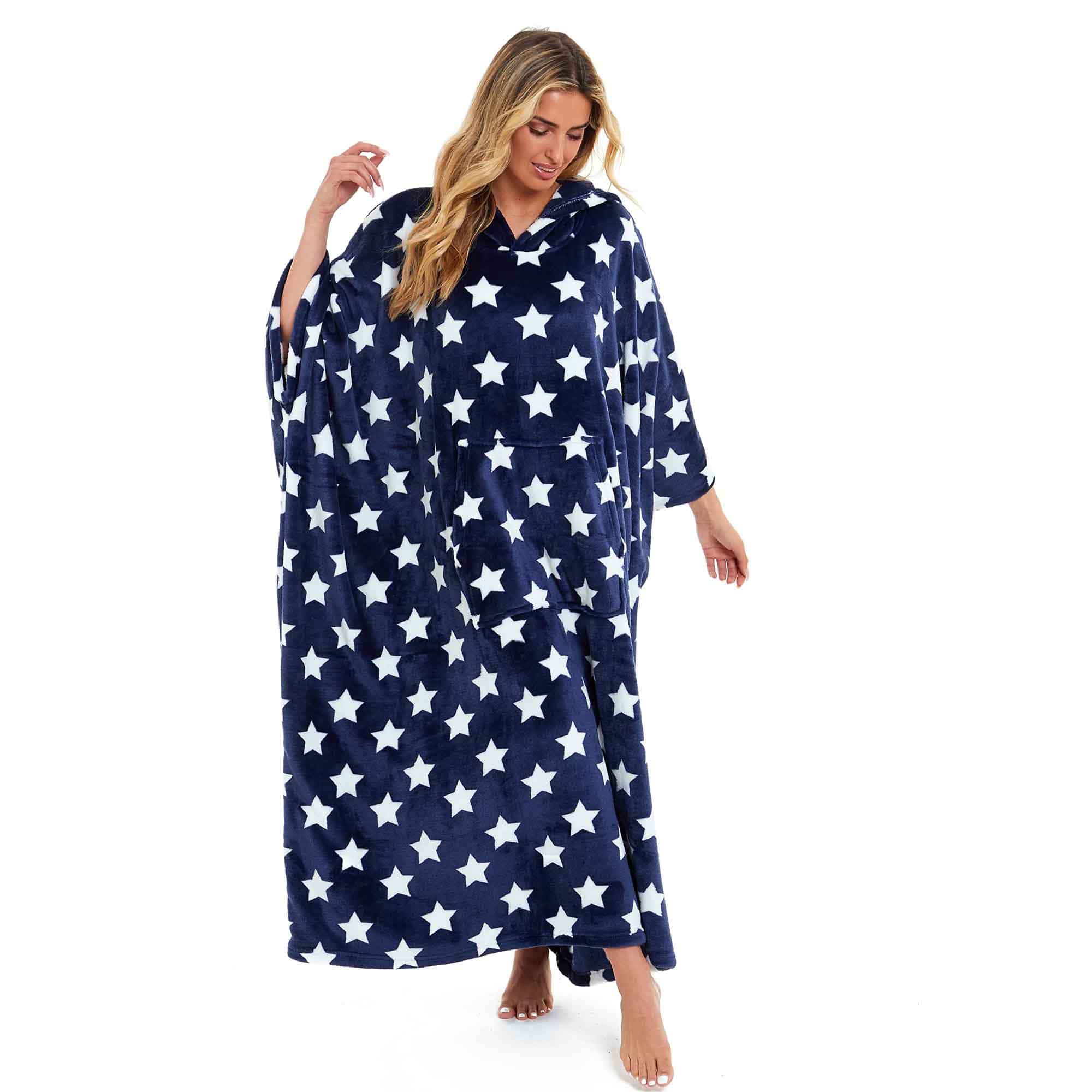 Women's Oversized Hooded Poncho Blanket Super Soft Stars And Polka Dot